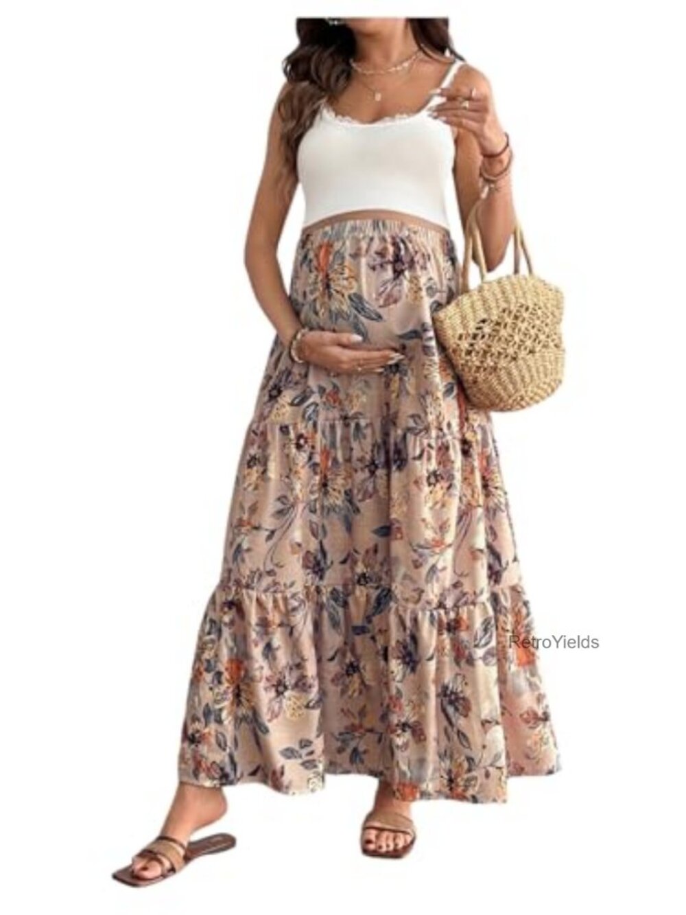 Maternity Maxi Skirt Floral Ruffle High Waist Flowy Boho Long Summer